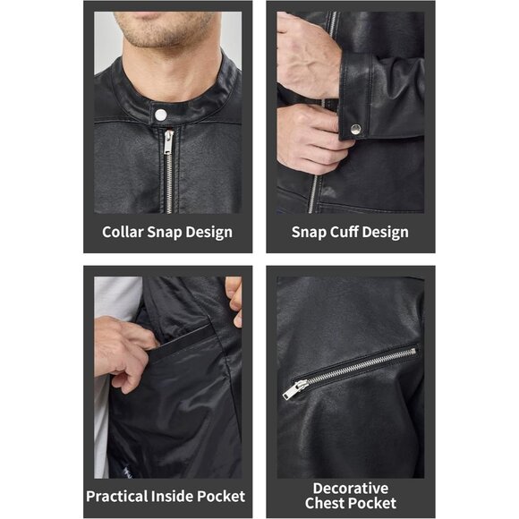 Men Black Faux Leather Biker Jacket Slim Fit Motorcycle Bomber Zip Up Coat - Picture 6 of 7